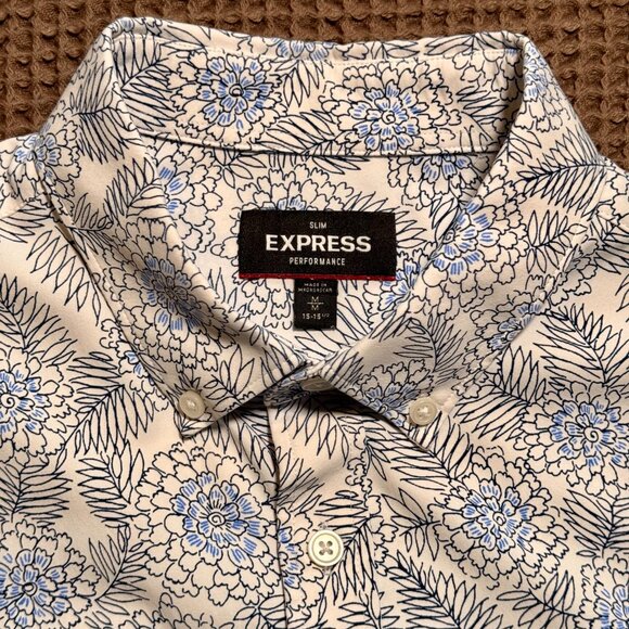 Men's Express Slim Performance Casual Button Down Shirt M White Blue - Picture 3 of 8